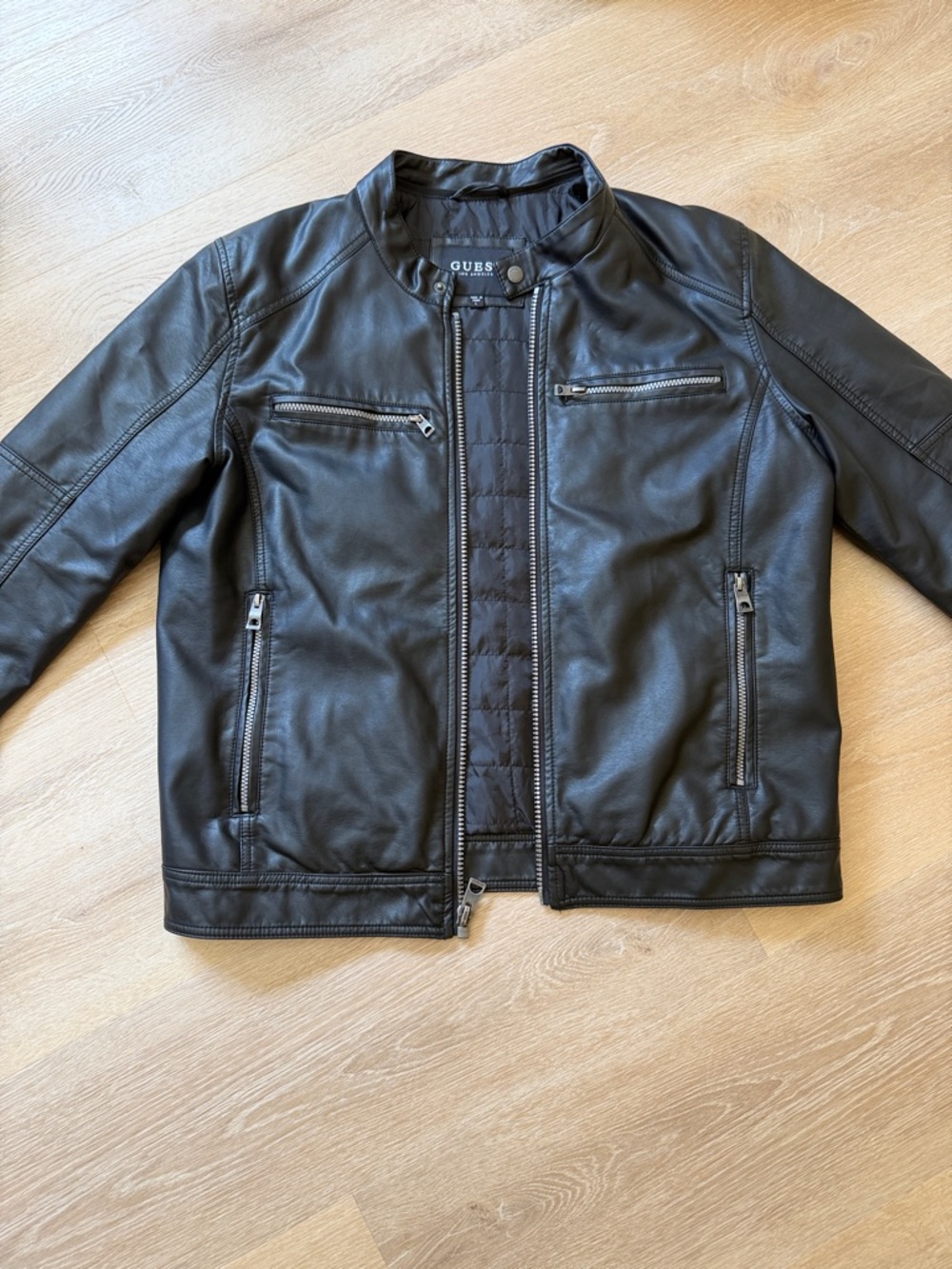 Guess Black Faux Leather Bomber Jacket with Zip Pockets